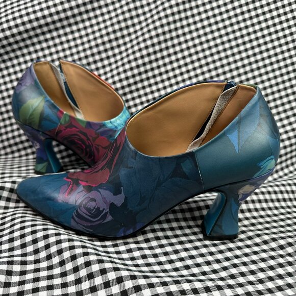 John Fluevog Shoes - John Fluevog Poser Edie Sexy Asymmetrical Leather Pumps Floral Blue Women's 7.5